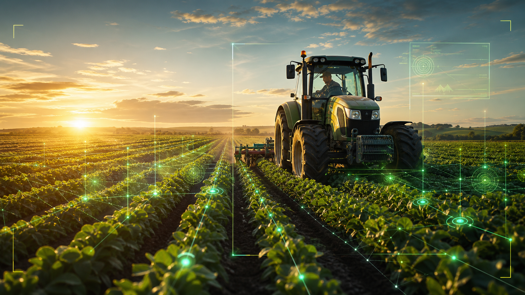 Farmer driving a tractor through a plantation with AI agriculture graphics.